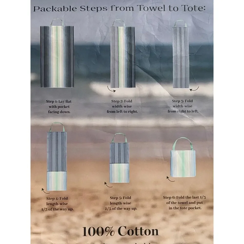 2-in-1 Beach Towel & Tote Bag, 100% Cotton, Striped, 40x72 Multicolor